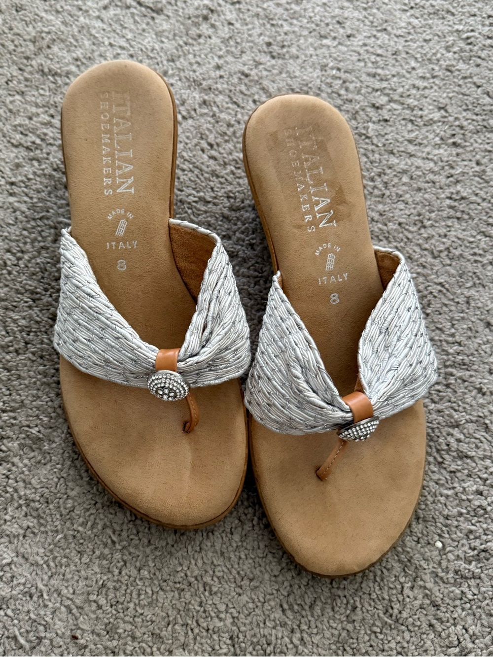 Italian Shoemakers White Braided Thong Sandals with Embellished Accent